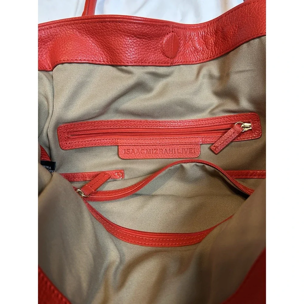 Isaac Mizrahi Live! Red Pebbled Leather Large Tote Hobo Bag Drawstring Gold Feet